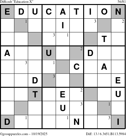 The grouppuzzles.com Difficult Education-X puzzle for Sunday October 19, 2025 with the first 3 steps marked