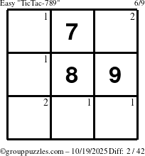 The grouppuzzles.com Easy TicTac-789 puzzle for Sunday October 19, 2025 with the first 2 steps marked