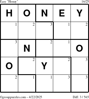 The grouppuzzles.com Easy Honey puzzle for Tuesday April 22, 2025 with the first 3 steps marked