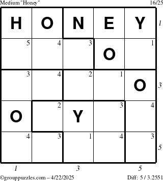 The grouppuzzles.com Medium Honey puzzle for Tuesday April 22, 2025 with all 5 steps marked