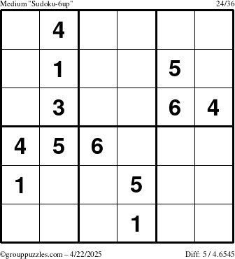 The grouppuzzles.com Medium Sudoku-6up puzzle for Tuesday April 22, 2025