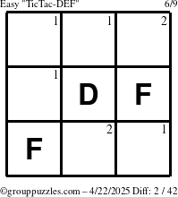 The grouppuzzles.com Easy TicTac-DEF puzzle for Tuesday April 22, 2025 with the first 2 steps marked