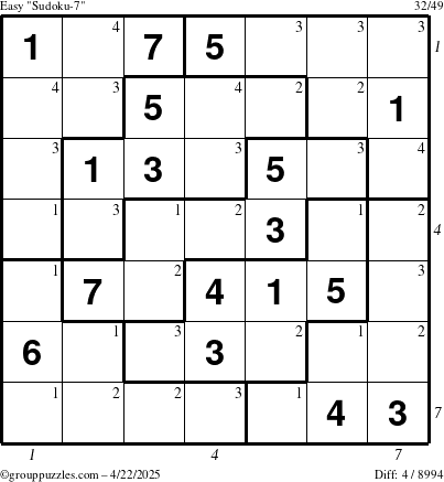 The grouppuzzles.com Easy Sudoku-7 puzzle for Tuesday April 22, 2025, suitable for printing, with all 4 steps marked