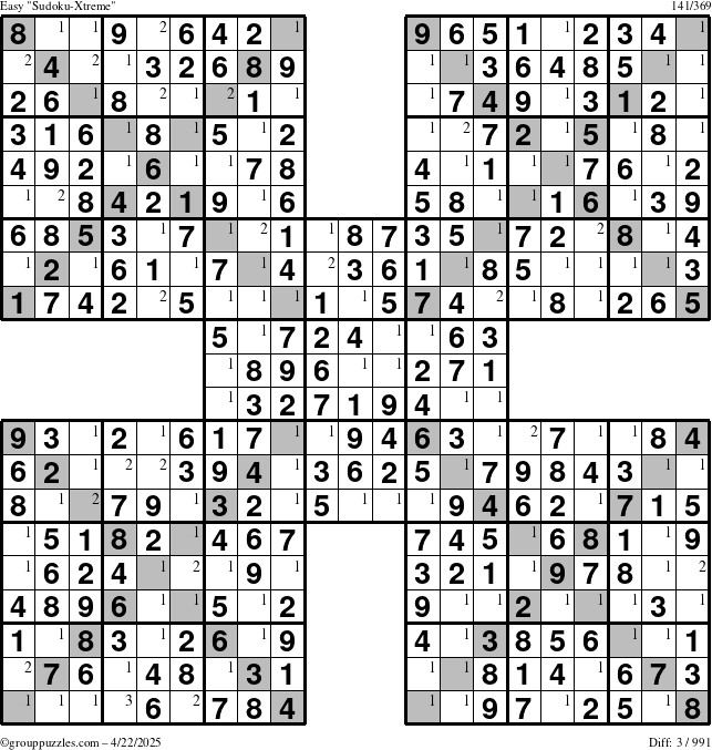 The grouppuzzles.com Easy Sudoku-Xtreme puzzle for Tuesday April 22, 2025 with the first 3 steps marked