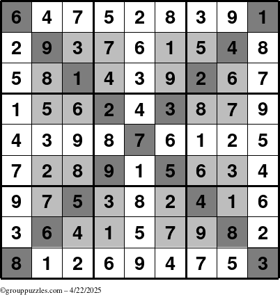 The grouppuzzles.com Answer grid for the HyperSudoku-X puzzle for Tuesday April 22, 2025