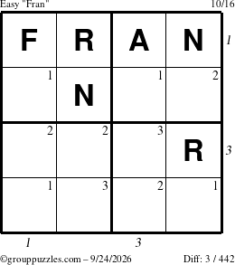 The grouppuzzles.com Easy Fran puzzle for Thursday September 24, 2026, suitable for printing, with all 3 steps marked