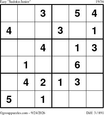 The grouppuzzles.com Easy Sudoku-Junior puzzle for Thursday September 24, 2026