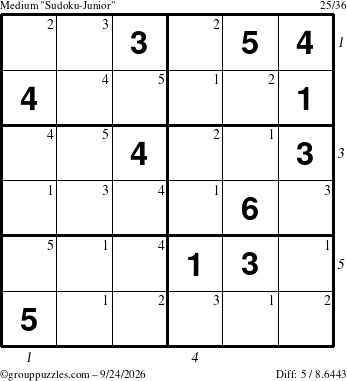 The grouppuzzles.com Medium Sudoku-Junior puzzle for Thursday September 24, 2026, suitable for printing, with all 5 steps marked