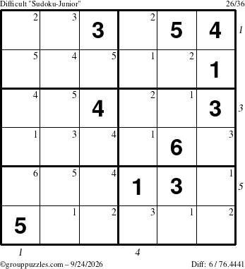 The grouppuzzles.com Difficult Sudoku-Junior puzzle for Thursday September 24, 2026 with all 6 steps marked