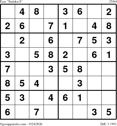 The grouppuzzles.com Easy Sudoku-8 puzzle for Thursday September 24, 2026