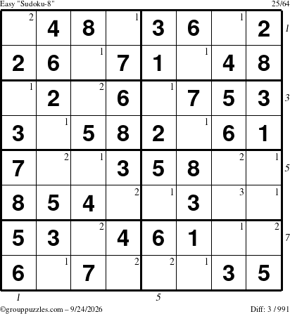 The grouppuzzles.com Easy Sudoku-8 puzzle for Thursday September 24, 2026, suitable for printing, with all 3 steps marked