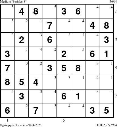 The grouppuzzles.com Medium Sudoku-8 puzzle for Thursday September 24, 2026 with all 5 steps marked
