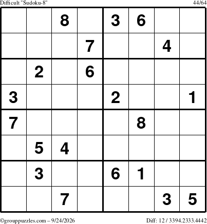 The grouppuzzles.com Difficult Sudoku-8 puzzle for Thursday September 24, 2026