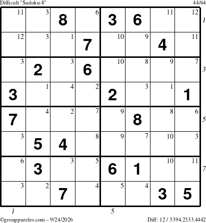 The grouppuzzles.com Difficult Sudoku-8 puzzle for Thursday September 24, 2026, suitable for printing, with all 12 steps marked