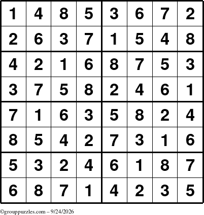 The grouppuzzles.com Answer grid for the Sudoku-8 puzzle for Thursday September 24, 2026
