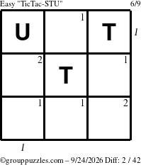 The grouppuzzles.com Easy TicTac-STU puzzle for Thursday September 24, 2026 with all 2 steps marked