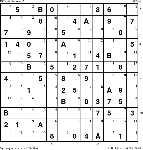 The grouppuzzles.com Difficult Sudoku-12 puzzle for Thursday September 24, 2026 with all 13 steps marked