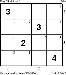 The grouppuzzles.com Easy Sudoku-4 puzzle for Tuesday September 1, 2026, suitable for printing, with all 3 steps marked