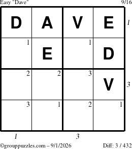 The grouppuzzles.com Easy Dave puzzle for Tuesday September 1, 2026, suitable for printing, with all 3 steps marked