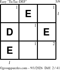 The grouppuzzles.com Easy TicTac-DEF puzzle for Tuesday September 1, 2026 with all 2 steps marked