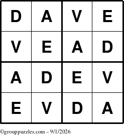 The grouppuzzles.com Answer grid for the Dave puzzle for Tuesday September 1, 2026