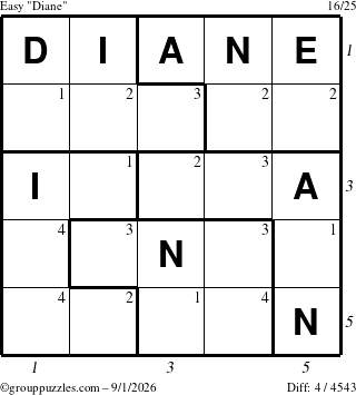 The grouppuzzles.com Easy Diane puzzle for Tuesday September 1, 2026 with all 4 steps marked