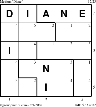 The grouppuzzles.com Medium Diane puzzle for Tuesday September 1, 2026 with all 5 steps marked
