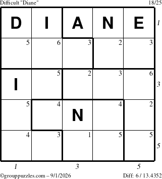 The grouppuzzles.com Difficult Diane puzzle for Tuesday September 1, 2026 with all 6 steps marked