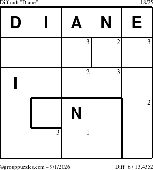 The grouppuzzles.com Difficult Diane puzzle for Tuesday September 1, 2026 with the first 3 steps marked