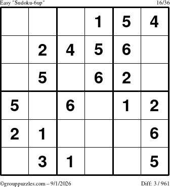 The grouppuzzles.com Easy Sudoku-6up puzzle for Tuesday September 1, 2026
