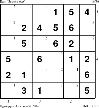 The grouppuzzles.com Easy Sudoku-6up puzzle for Tuesday September 1, 2026, suitable for printing, with all 3 steps marked