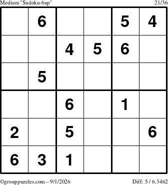 The grouppuzzles.com Medium Sudoku-6up puzzle for Tuesday September 1, 2026