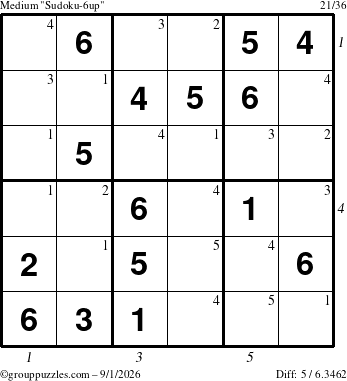 The grouppuzzles.com Medium Sudoku-6up puzzle for Tuesday September 1, 2026 with all 5 steps marked