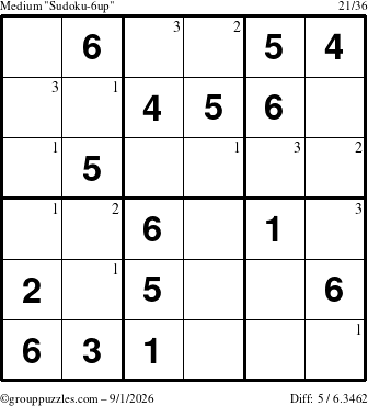 The grouppuzzles.com Medium Sudoku-6up puzzle for Tuesday September 1, 2026 with the first 3 steps marked