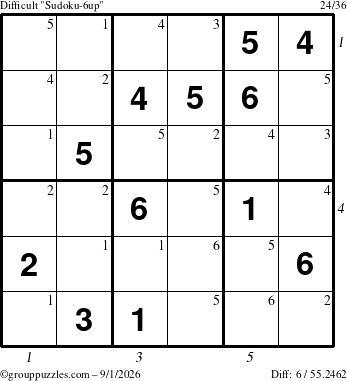 The grouppuzzles.com Difficult Sudoku-6up puzzle for Tuesday September 1, 2026, suitable for printing, with all 6 steps marked