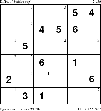 The grouppuzzles.com Difficult Sudoku-6up puzzle for Tuesday September 1, 2026 with the first 3 steps marked