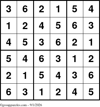 The grouppuzzles.com Answer grid for the Sudoku-6up puzzle for Tuesday September 1, 2026