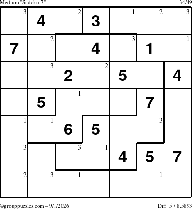 The grouppuzzles.com Medium Sudoku-7 puzzle for Tuesday September 1, 2026 with the first 3 steps marked