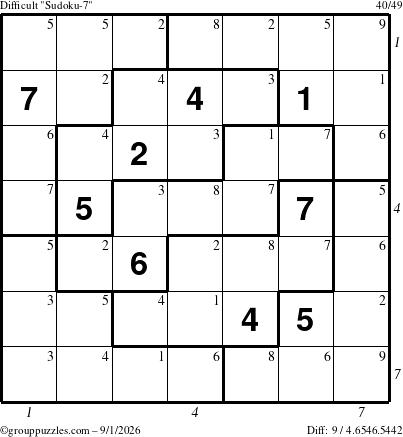 The grouppuzzles.com Difficult Sudoku-7 puzzle for Tuesday September 1, 2026 with all 9 steps marked