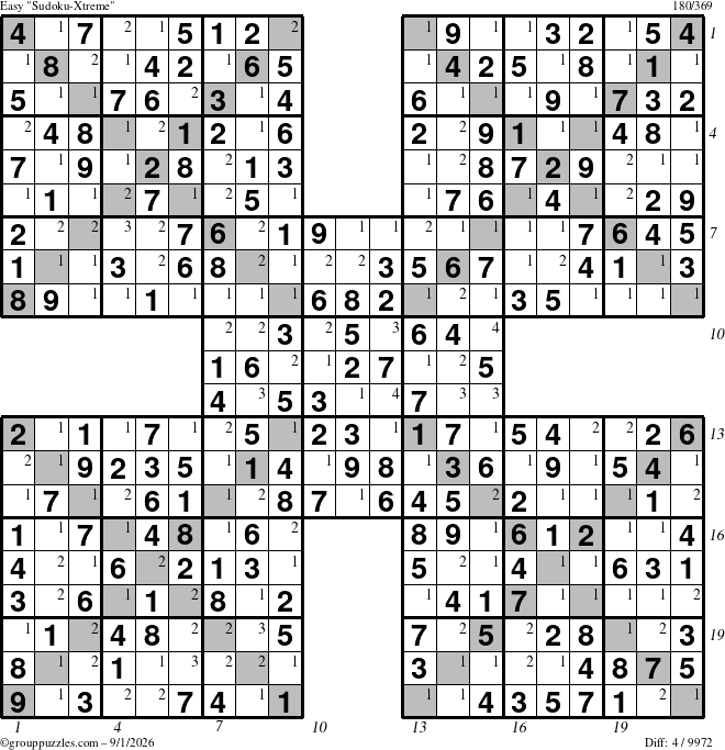 The grouppuzzles.com Easy Sudoku-Xtreme puzzle for Tuesday September 1, 2026 with all 4 steps marked