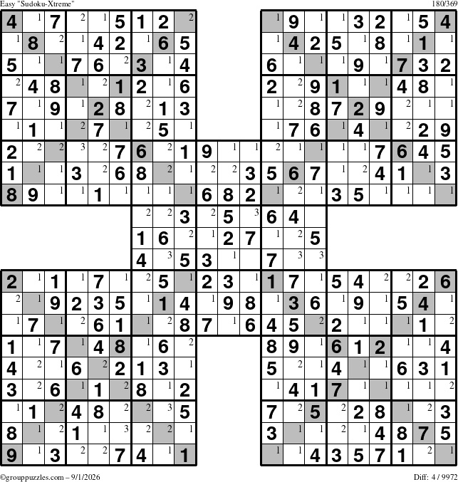 The grouppuzzles.com Easy Sudoku-Xtreme puzzle for Tuesday September 1, 2026 with the first 3 steps marked