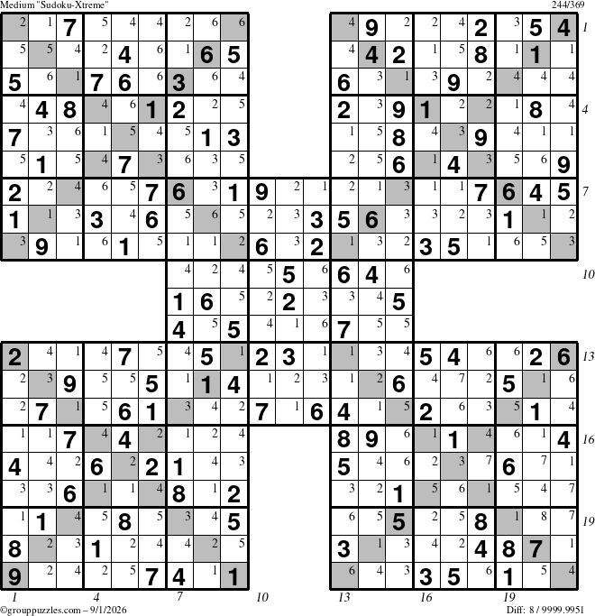 The grouppuzzles.com Medium Sudoku-Xtreme puzzle for Tuesday September 1, 2026 with all 8 steps marked