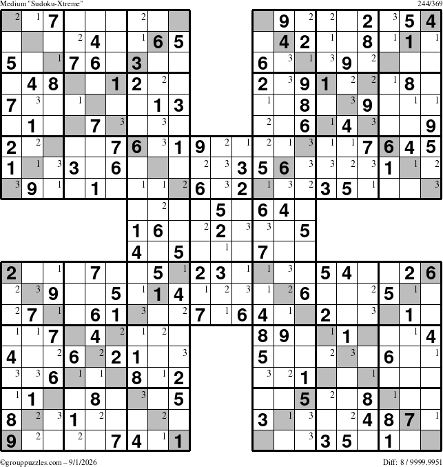 The grouppuzzles.com Medium Sudoku-Xtreme puzzle for Tuesday September 1, 2026 with the first 3 steps marked