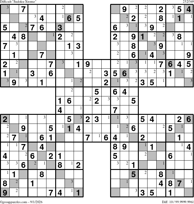 The grouppuzzles.com Difficult Sudoku-Xtreme puzzle for Tuesday September 1, 2026 with the first 3 steps marked