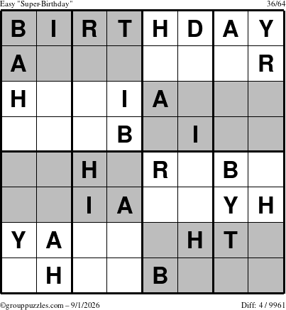 The grouppuzzles.com Easy Super-Birthday puzzle for Tuesday September 1, 2026