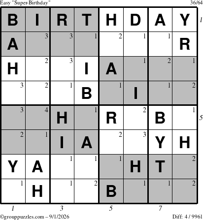 The grouppuzzles.com Easy Super-Birthday puzzle for Tuesday September 1, 2026 with all 4 steps marked