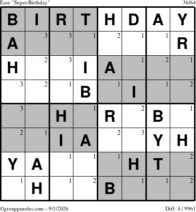 The grouppuzzles.com Easy Super-Birthday puzzle for Tuesday September 1, 2026 with the first 3 steps marked