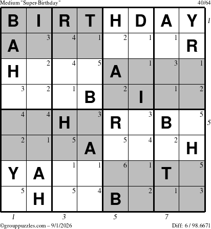 The grouppuzzles.com Medium Super-Birthday puzzle for Tuesday September 1, 2026 with all 6 steps marked