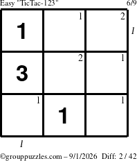 The grouppuzzles.com Easy TicTac-123 puzzle for Tuesday September 1, 2026, suitable for printing, with all 2 steps marked