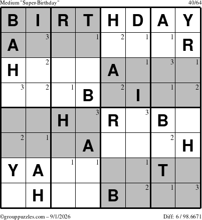 The grouppuzzles.com Medium Super-Birthday puzzle for Tuesday September 1, 2026 with the first 3 steps marked